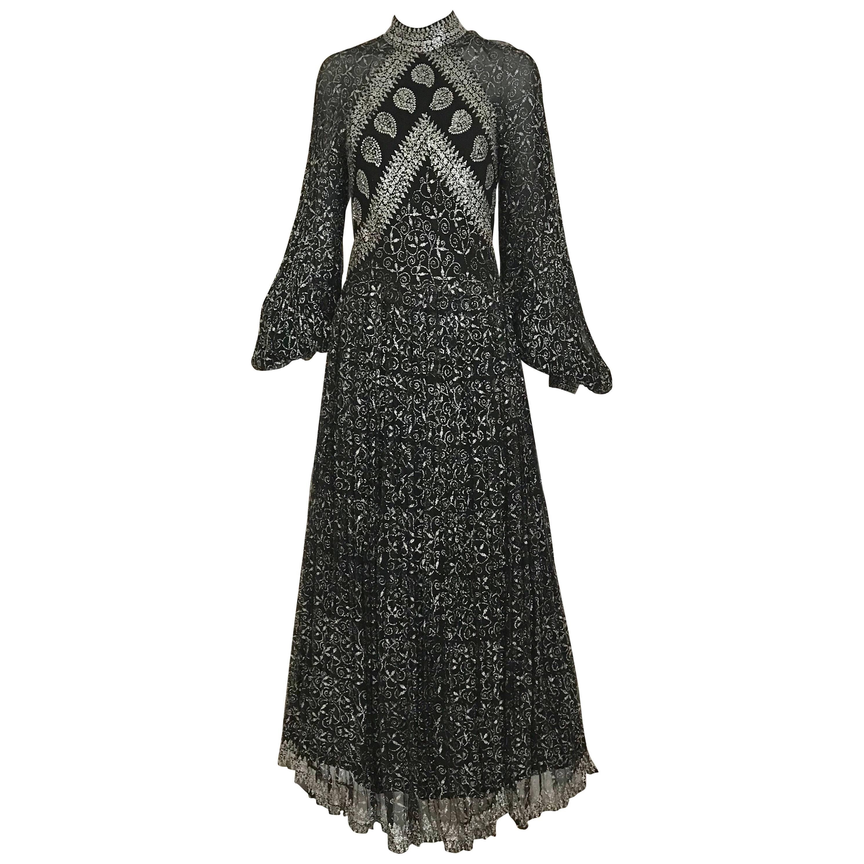 1970s Black and Silver Metallic Silk Maxi Dress