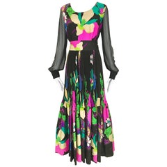 1970s Black and Multi Color Orchid Print Cotton Maxi Dress