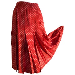 Saint Laurent 40s-Inspired Box Pleated Orange Polka Dot Crepe Skirt, 1970s 