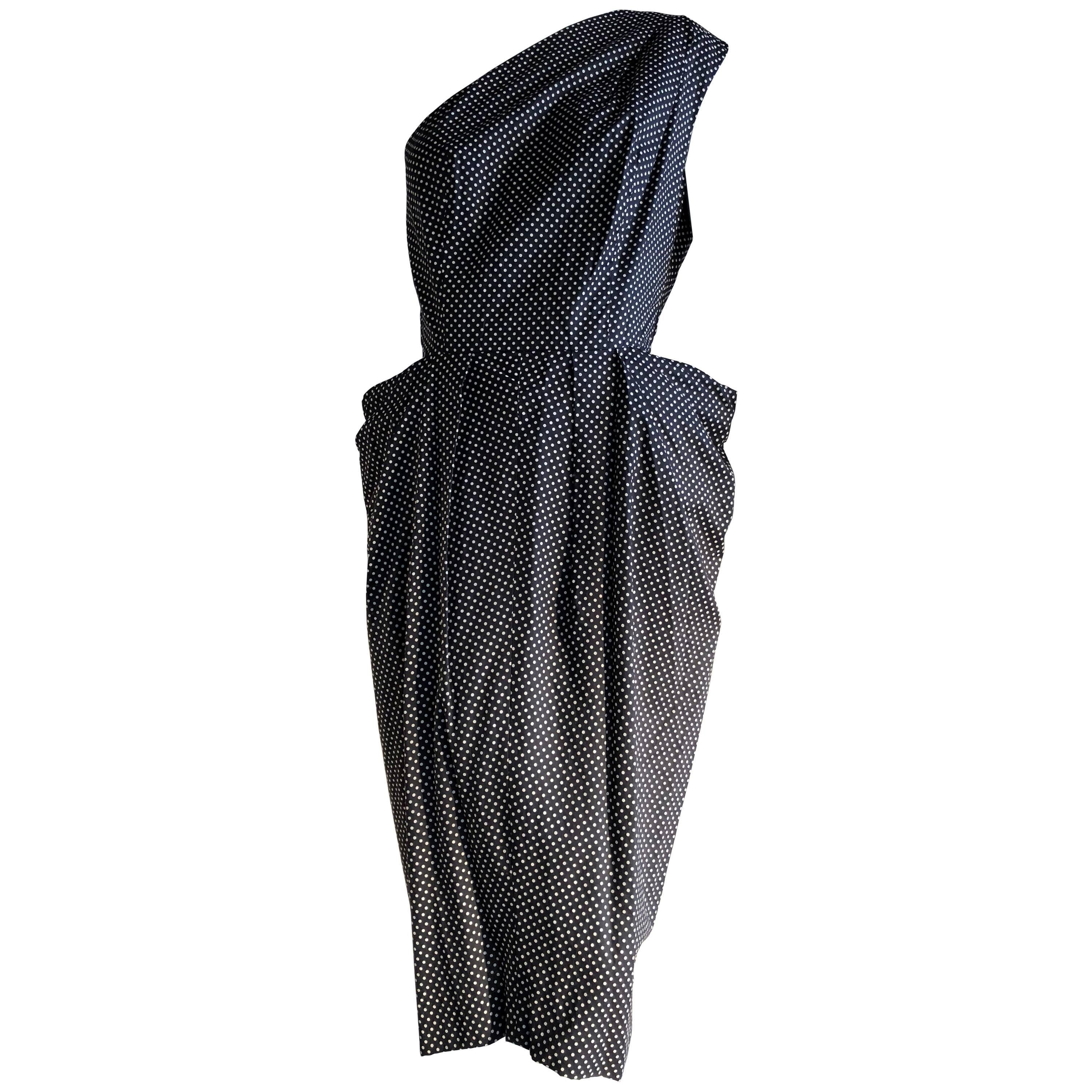 1980s Custom-Made Black and White Polka Dot One-Shoulder Dress W/ Hip Drapes