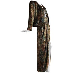 Bill Blass Silk Lame Op-Art Leopard Print Long Skirt and Suit Jacket, 1980s 