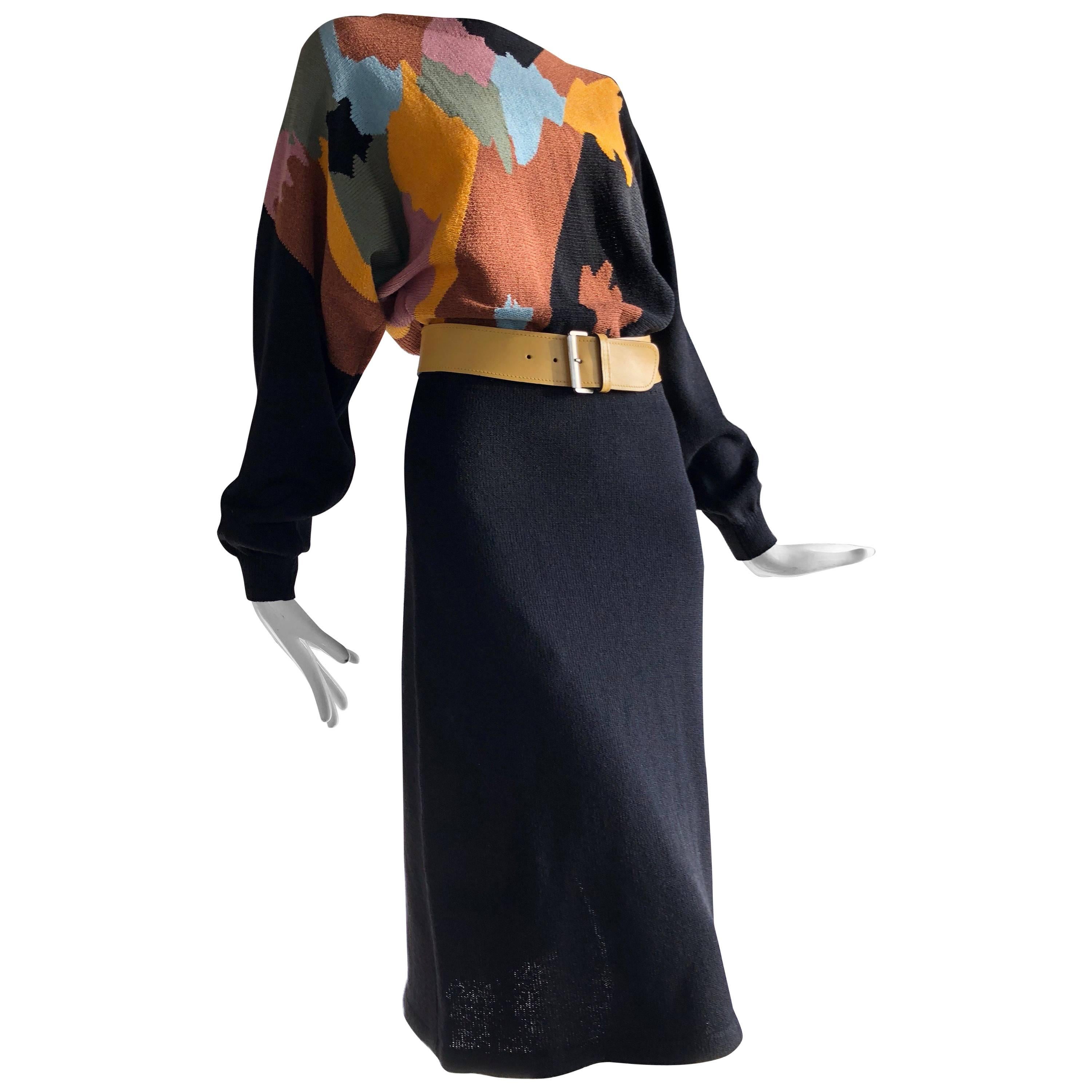 1970s Adolfo Modern Art-Inspired Mosaic Rayon Knit Dress W/ Dolman Sleeves 