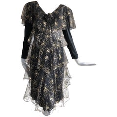 Vintage Holly Harp Matte Jersey and Gold Butterfly Embroidered Net Tiered Dress, 1970s 