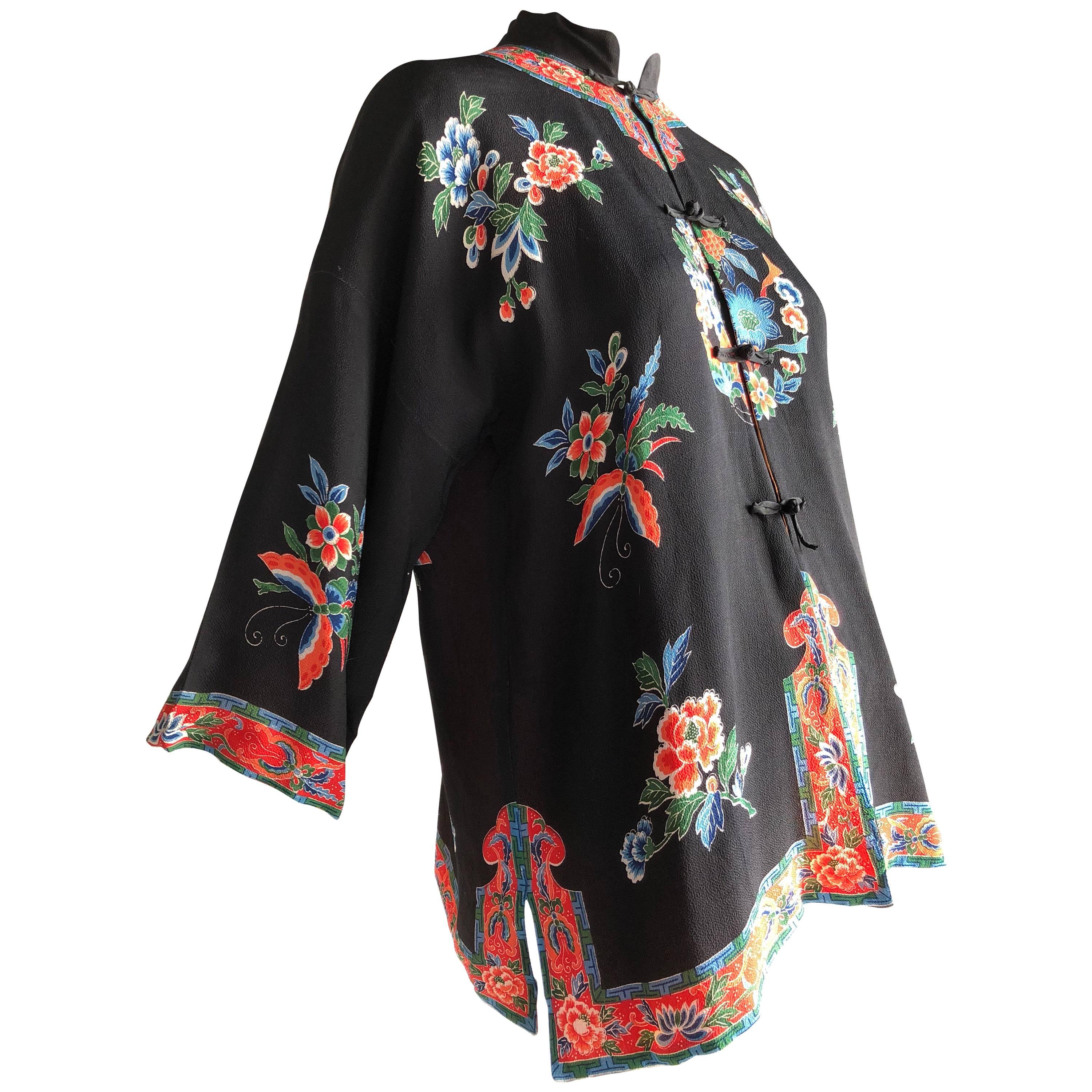 1940s Printed Silk Bed Jacket in Traditional Chinese Style