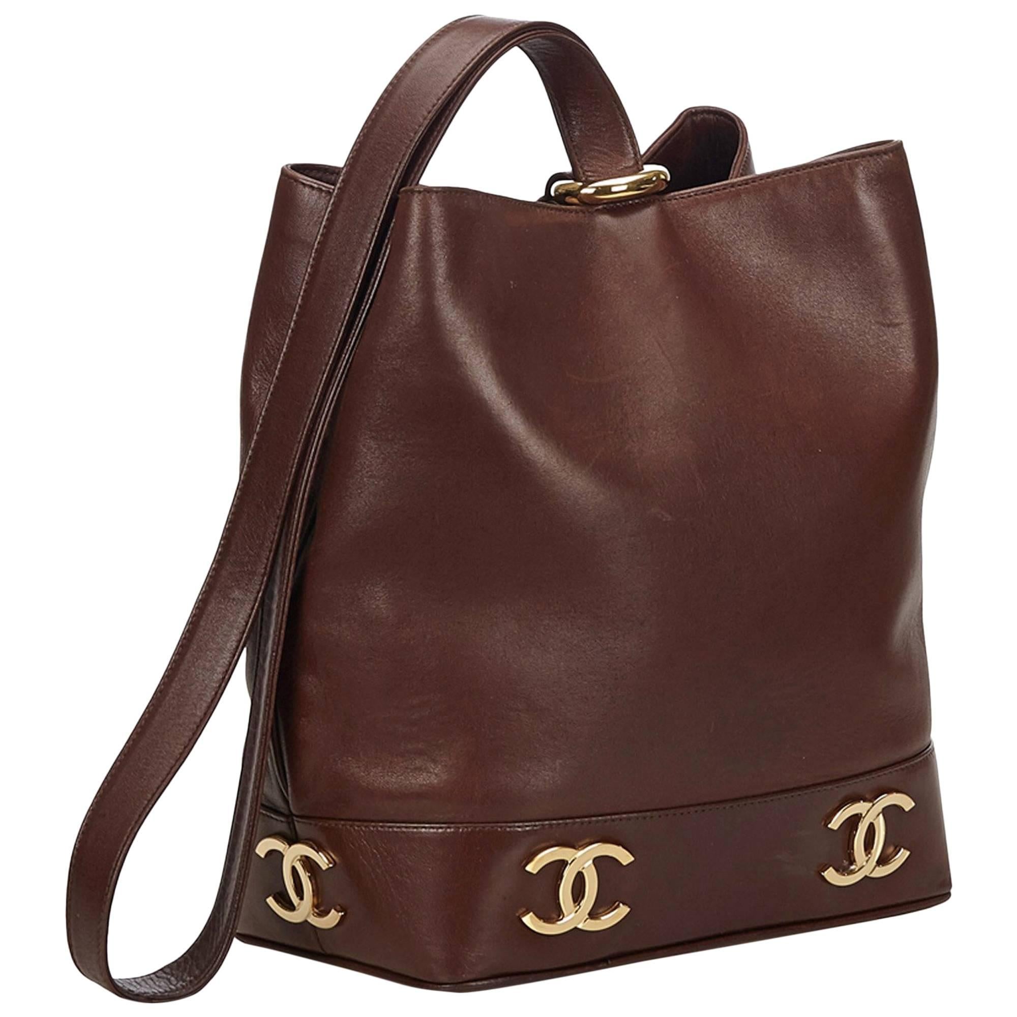 Chanel Brown Leather Gold Toned "CC" Bucket Bag