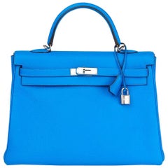 2012 Hermes Blue Hydra Clemence Leather Kelly 35cm Retourne