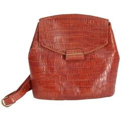 Vintage Les Copains Bucket Brown Leather Croc-Embossed Shoulder Bag 