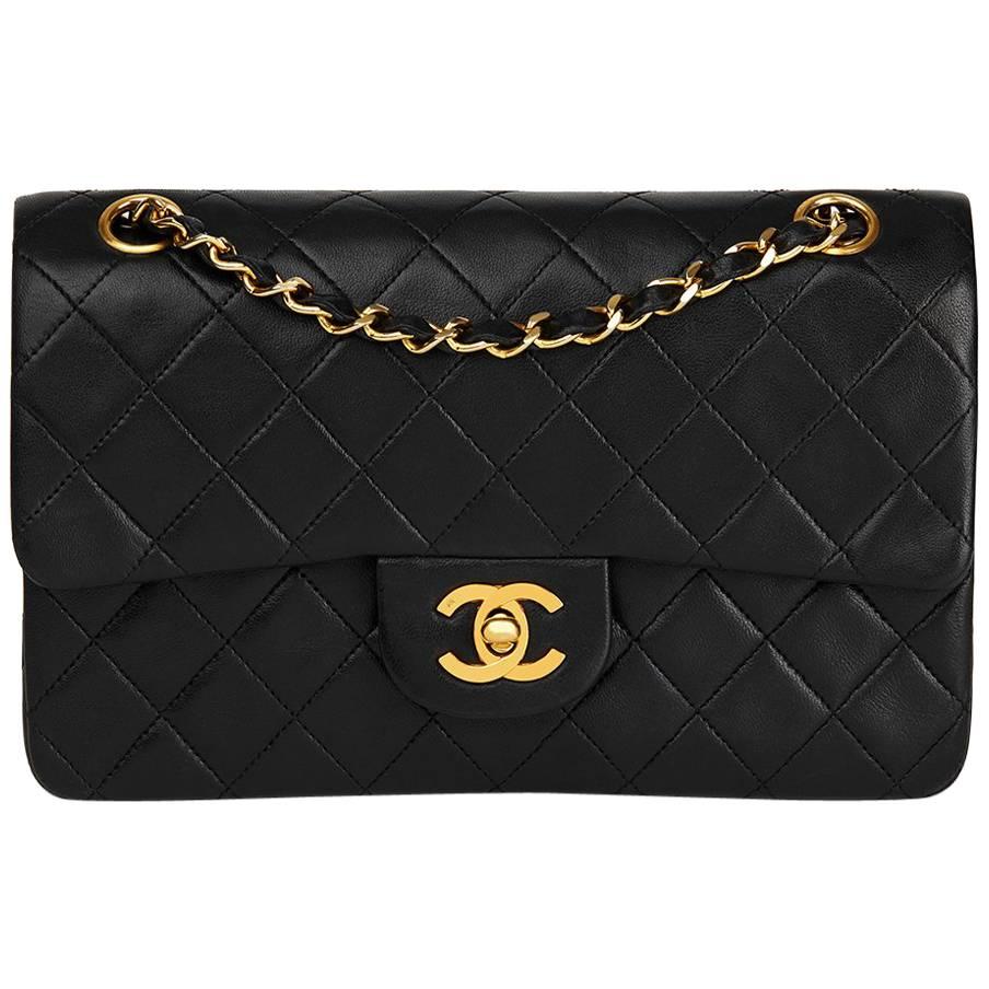 1988 Chanel Black Quilted Lambskin Vintage Small Classic Double Flap Bag 