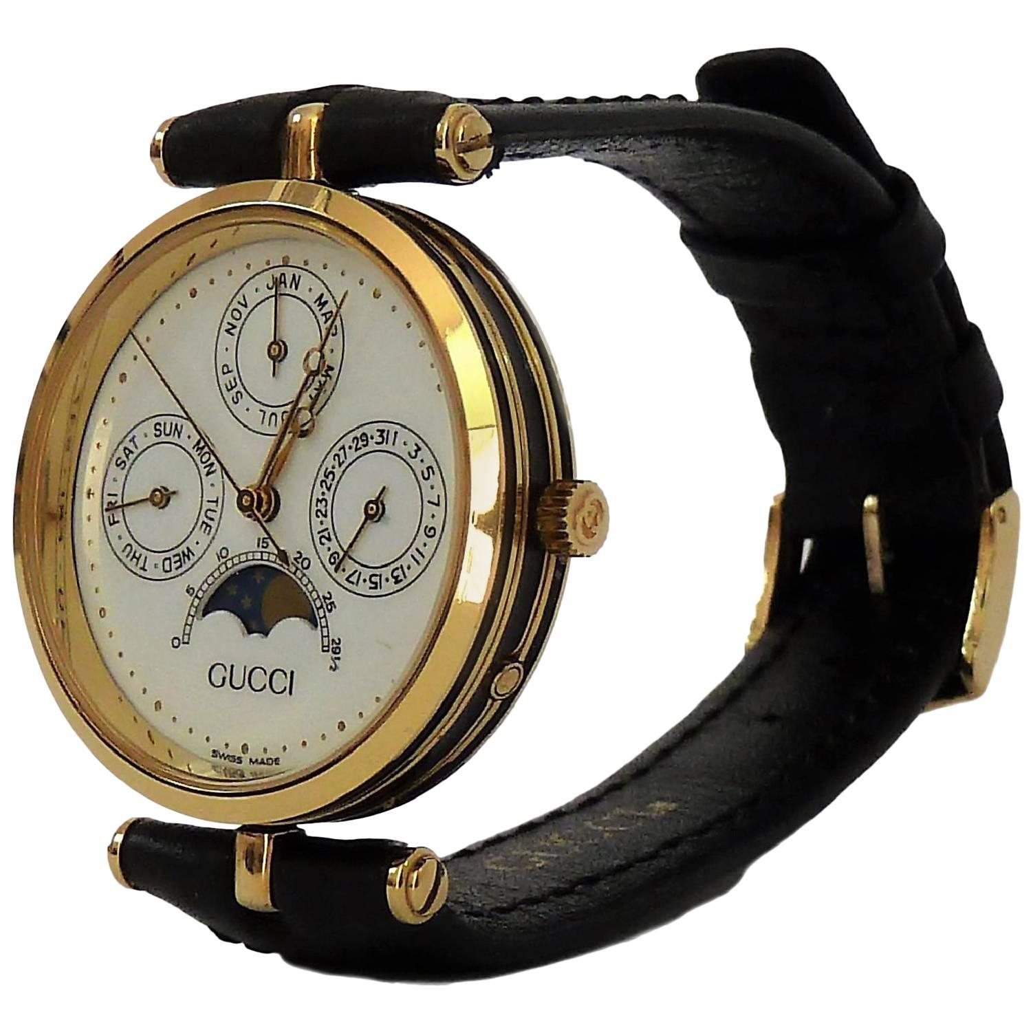 Gucci Moon Phase Pointer Triple Calendar Gold Filled Italian Watch