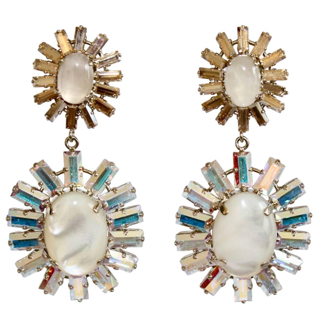 Philippe Ferrandis Opaline Glass Cabochon and Swarovski Crystal Clip Earrings