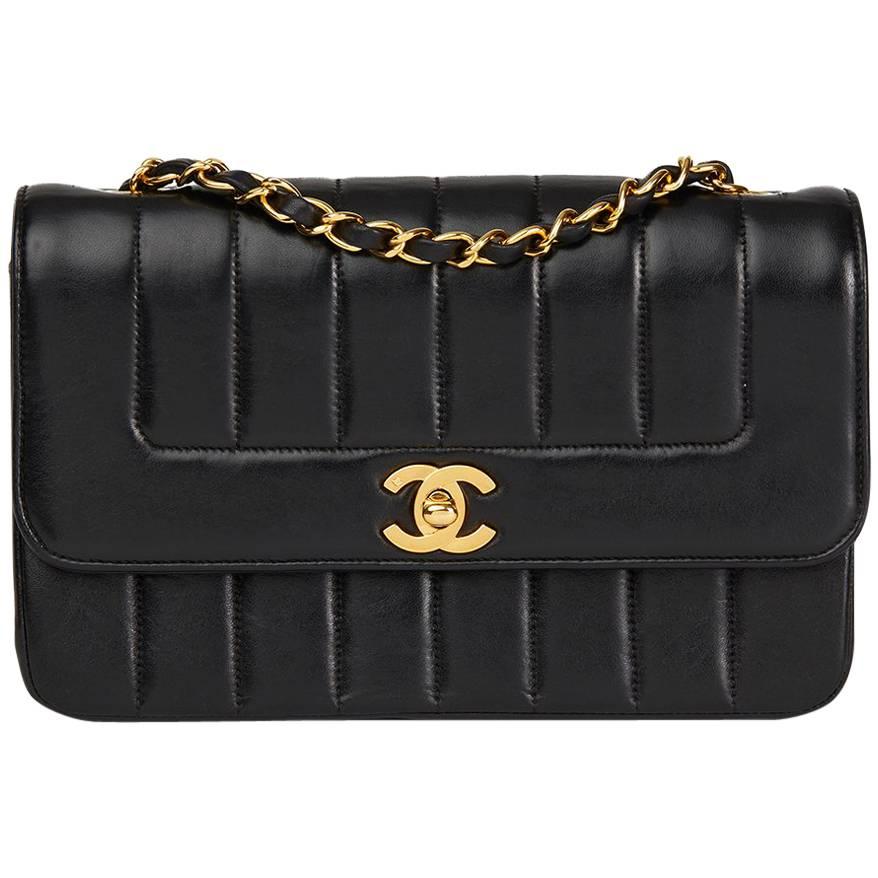 1991 Chanel Black Vertical Quilted Vintage Classic Single Flap Bag 
