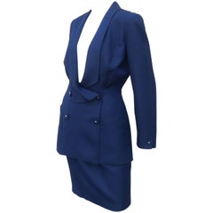 Vintage Thierry Mugler Blue Linen Skirt Suit With Star Buttons