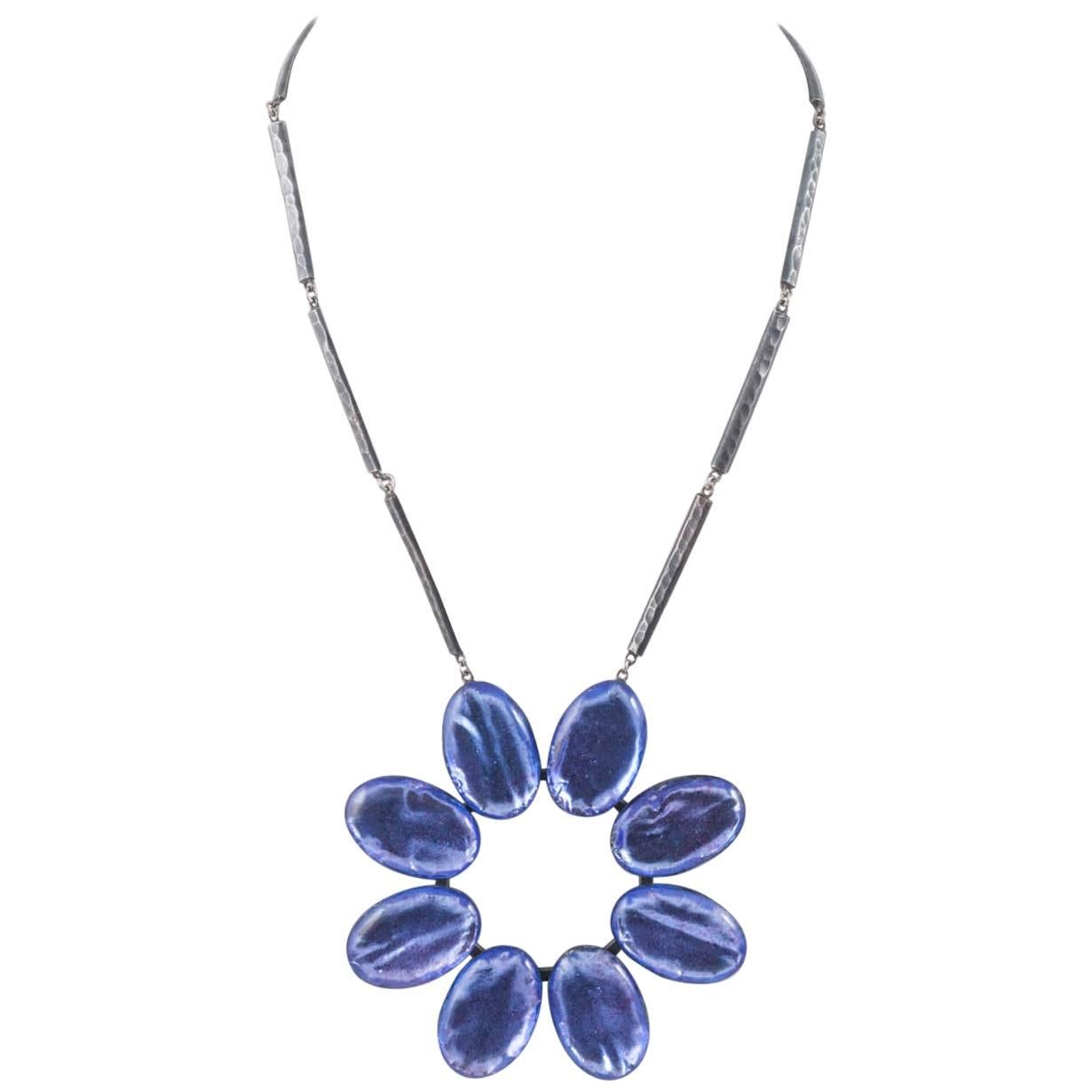  Large soft lilac enamel stylised flower pendant, Jacques Gautier, France, 1960s