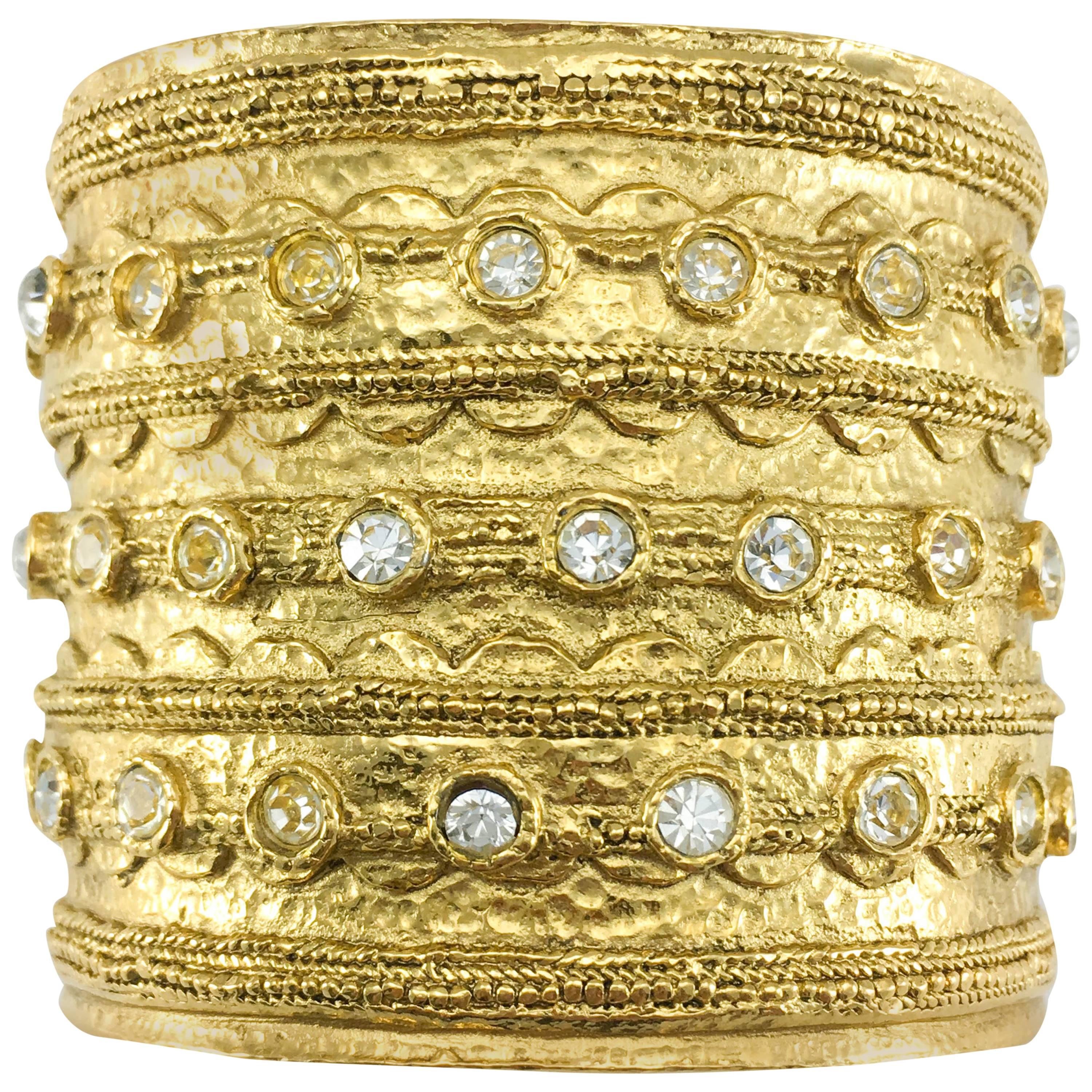 1980's Chanel 'Etruscan' Rhinestone Embellished Gold-Plated Cuff Bracelet For Sale