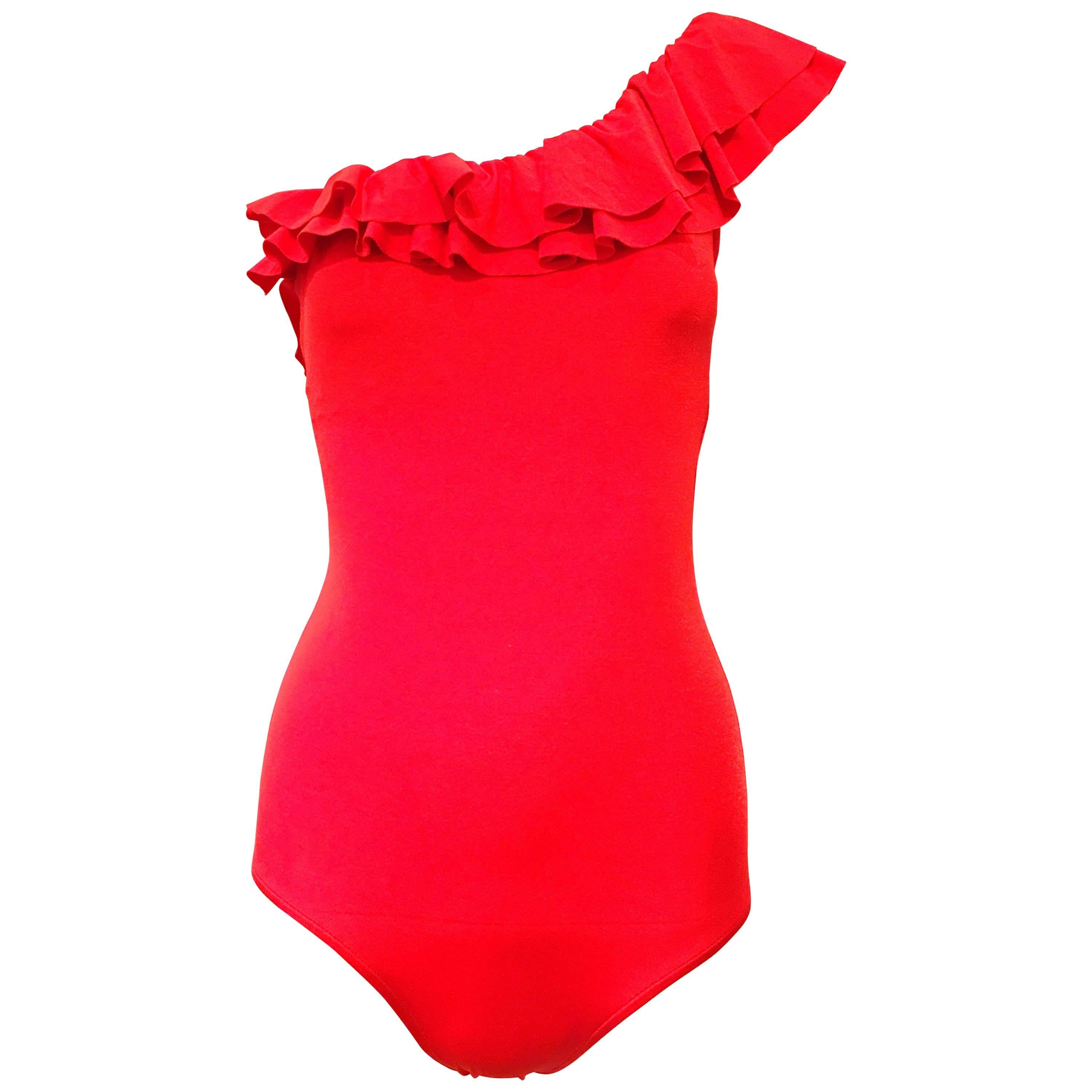Bill Blass Red One Shoulder Ruffle Trim Bathing Suit For Sale