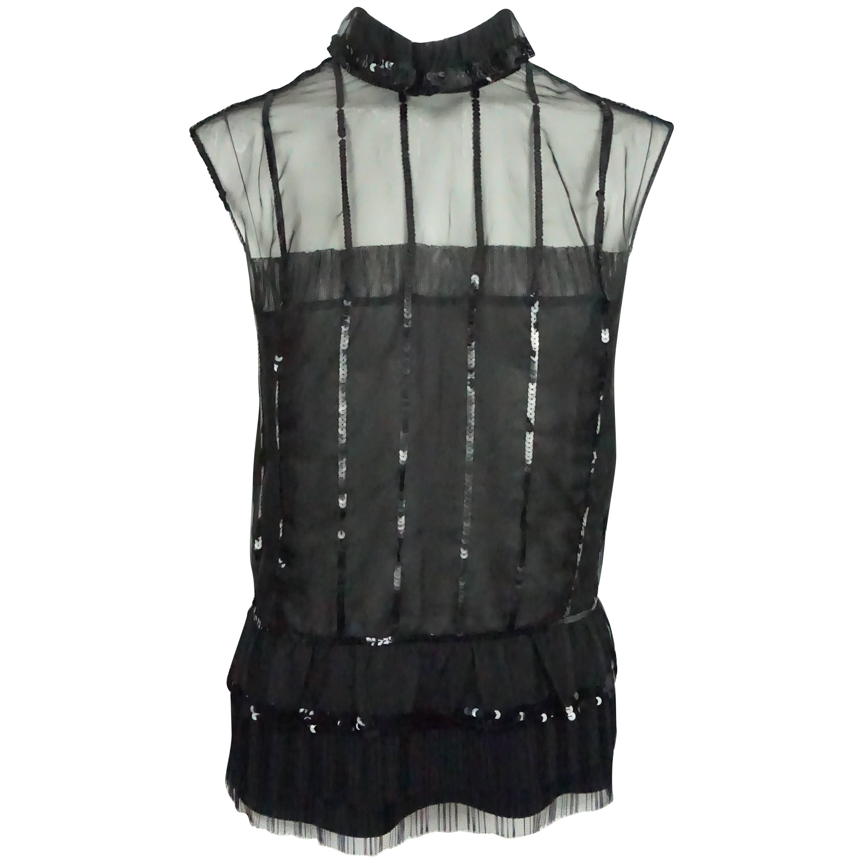 Chanel Black Silk Chiffon Sequin Sleeveless Top  For Sale