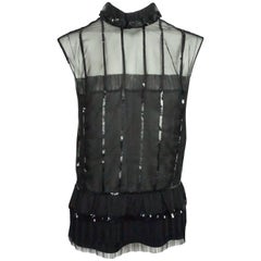 Chanel Top sin mangas de gasa de seda negra con lentejuelas