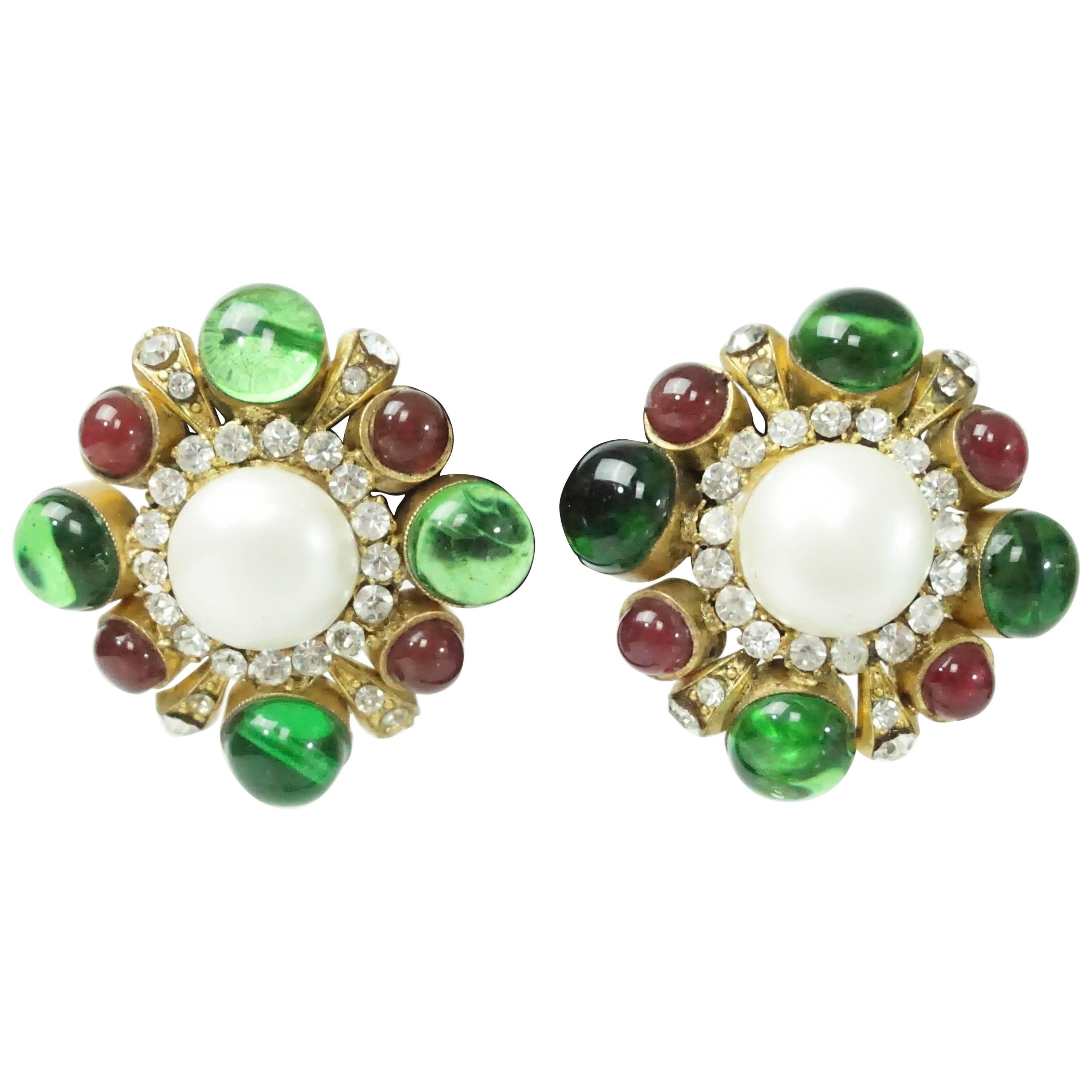Chanel Green/Red Gripoix and Pearl Earrings - Circa 70's
