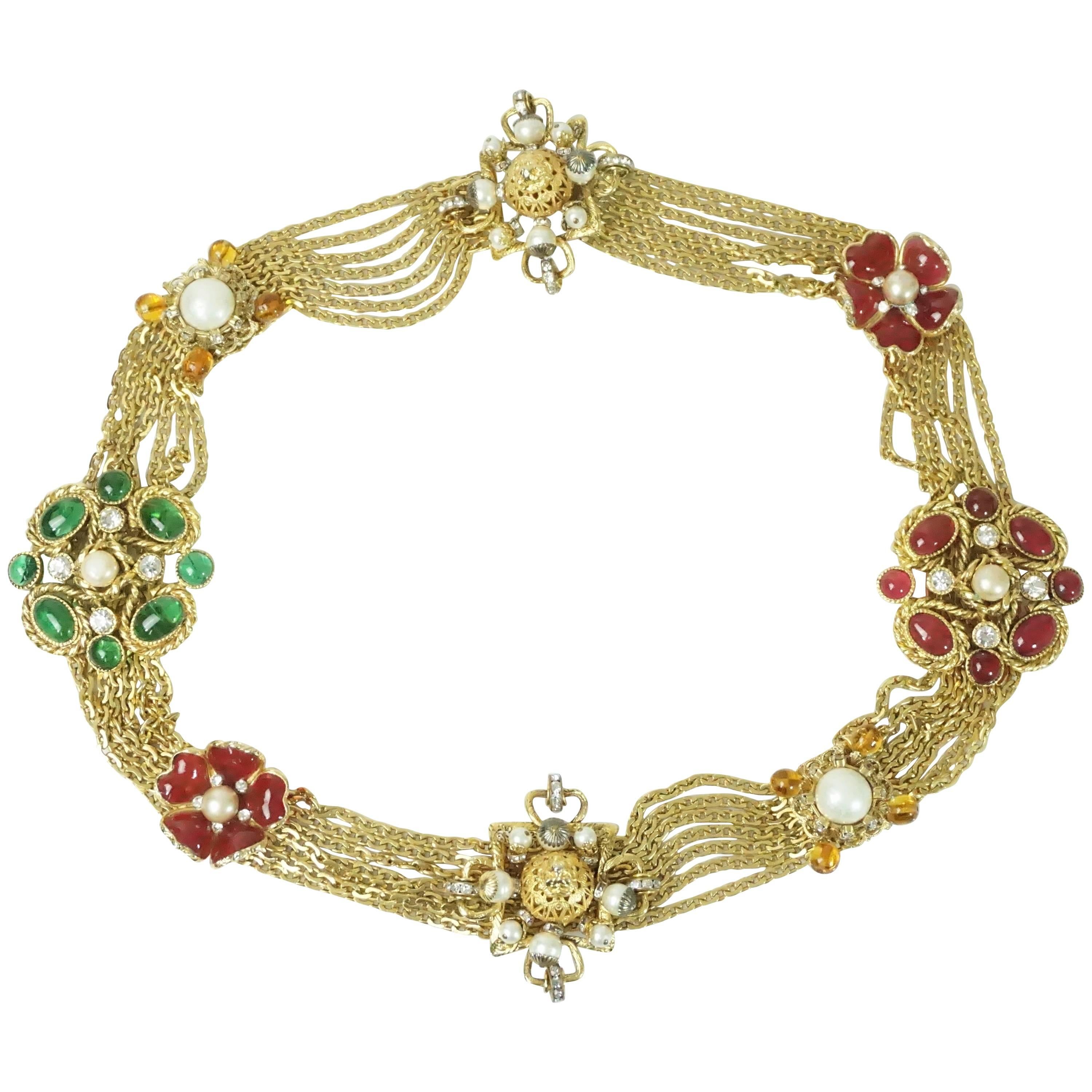 Chanel Gold Chain Link Belt/Necklace with Gripoix and Pearl Camelias-Circa 70's