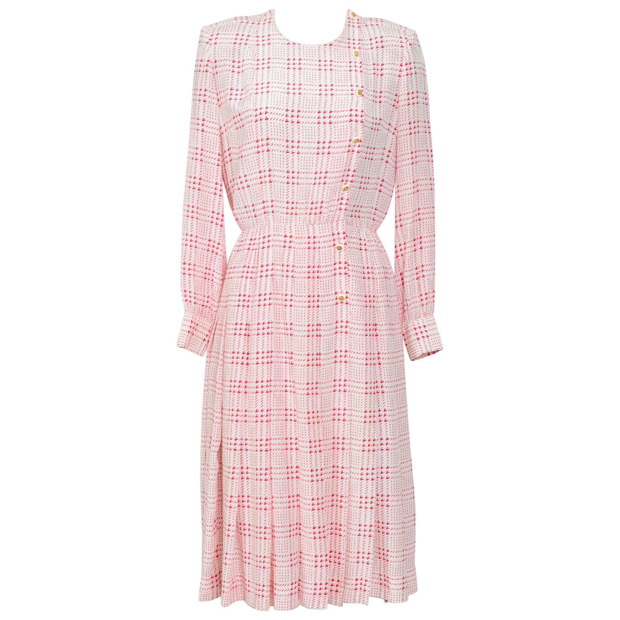 Chanel vintage 1970s printed white & pink silk dress with matching scarf
