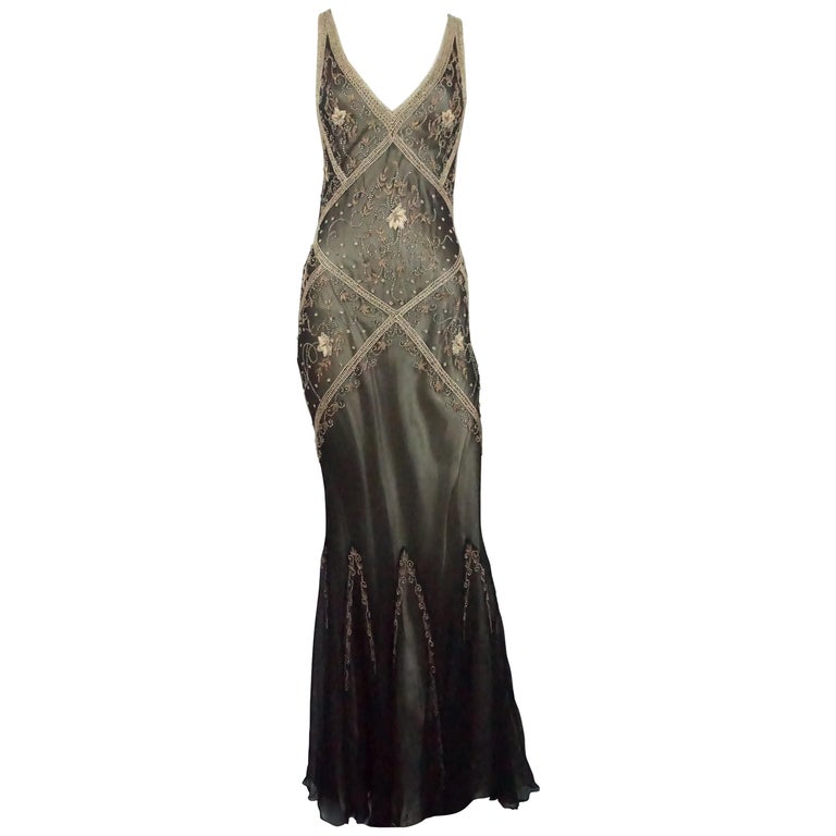 Valentino Brown and Gold Silk Beaded Gown - 8 For Sale at 1stdibs