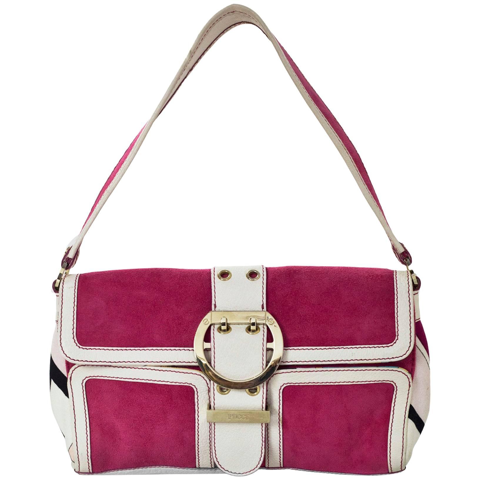 Emilio Pucci Pink Suede & White Leather Buckle Shoulder Bag
