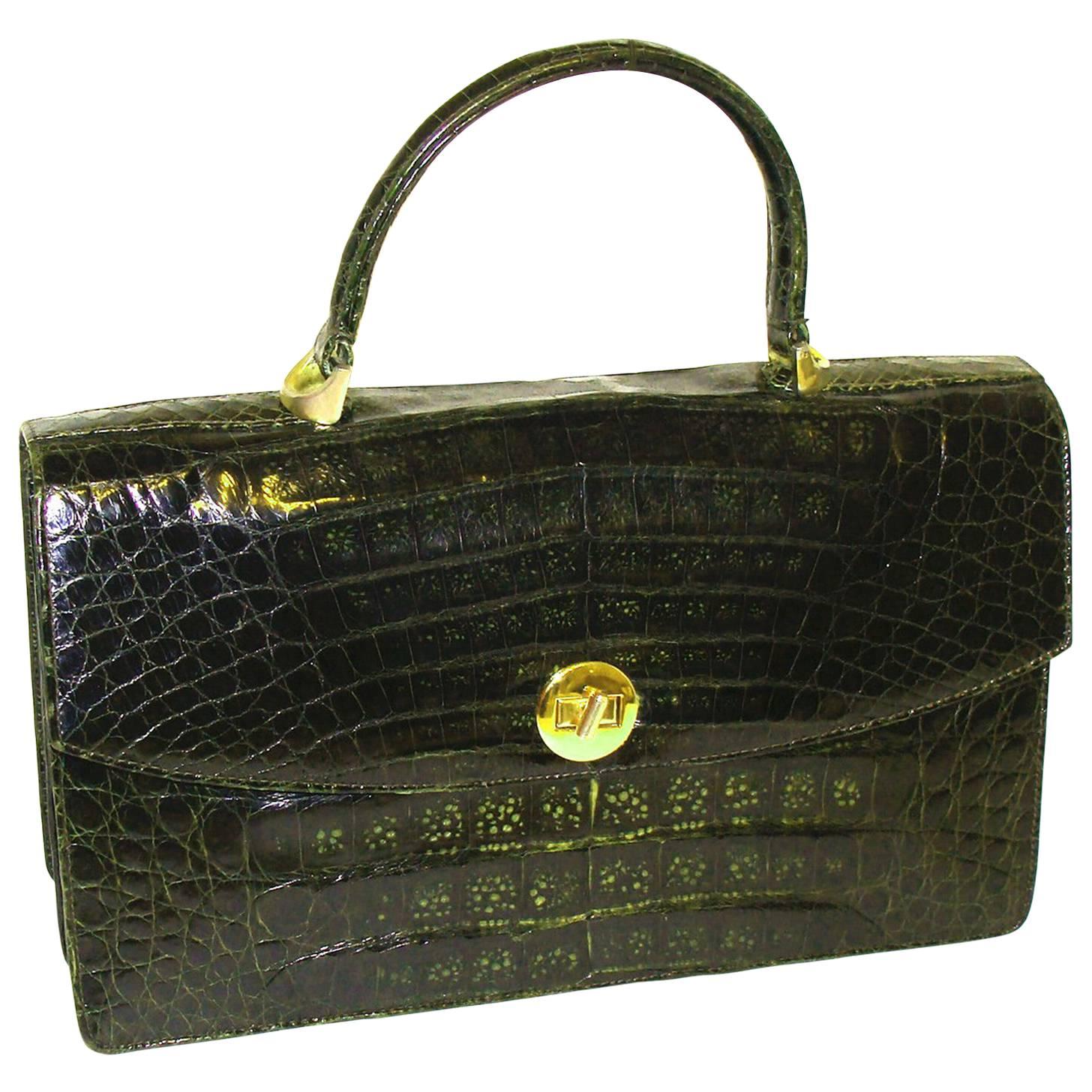 Large Green Alligator Bag Vintage Harrods FALL For Sale