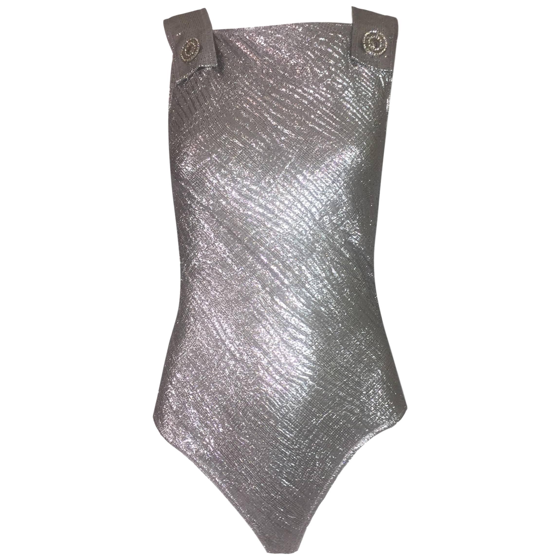 S/S 1994 Gianni Versace Couture Metallic Silver Pinafore Bodysuit Top 38