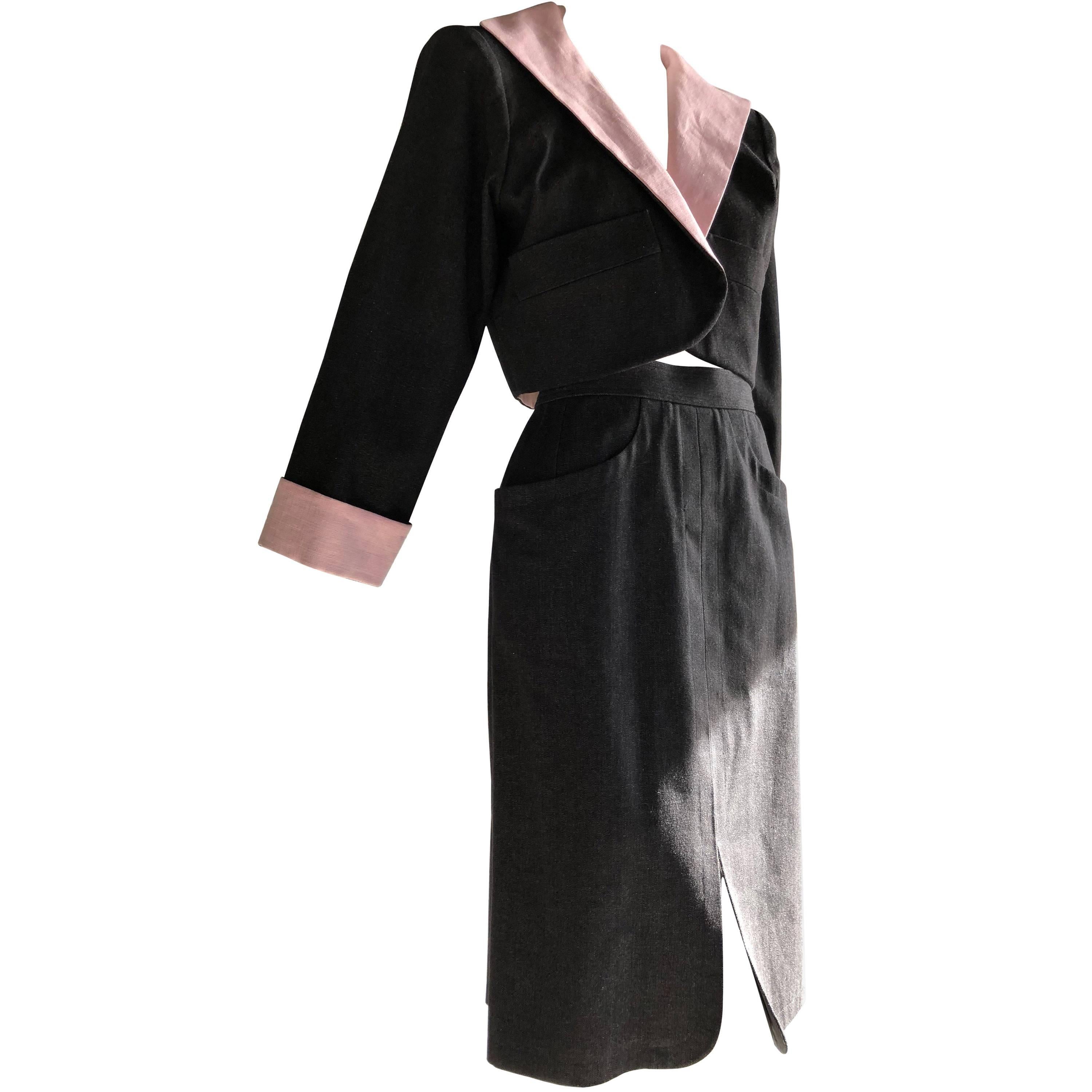 Yves Saint Laurent Gray Denim Pink Linen Trim Skirt and Jacket Ensemble, 1980