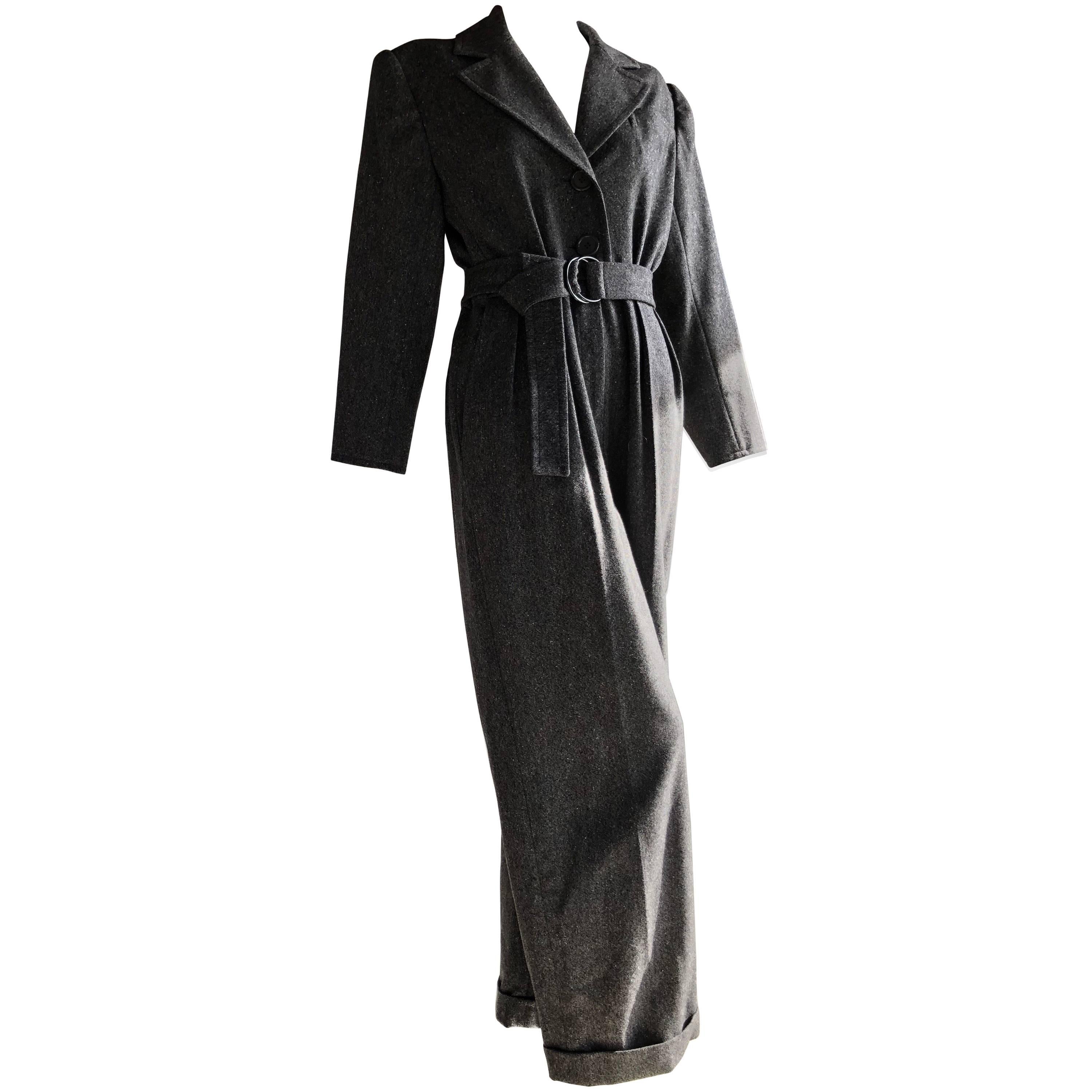 1980s Yves Saint Laurent Menswear-Style Belted Charcoal Wool Jumpsuit