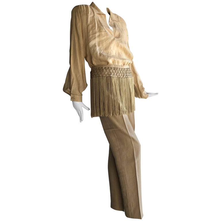 Tunique/blouse Femme Akris - Coupe Ample, Franges, Couleur Blanche, Taille US 10 - Occasion En Très Bon état