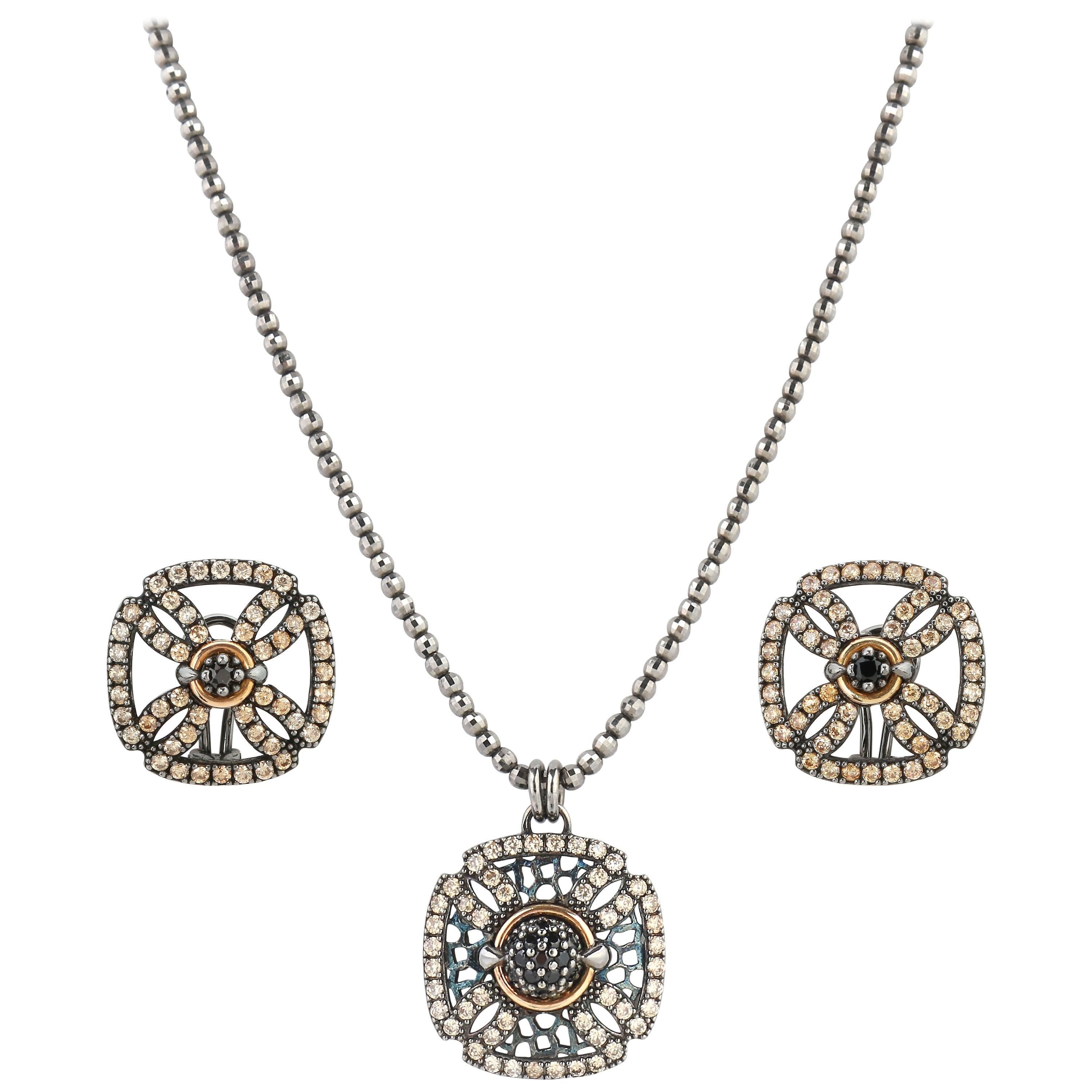 BOHEMME A/W 2012 "Croix" Diamond 18K Sterling Pendant Necklace Earring Parure For Sale