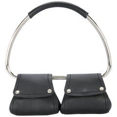 Prada Black Leather Silver 2 in 1 Evening Hoop Top Handle Satchel Bag