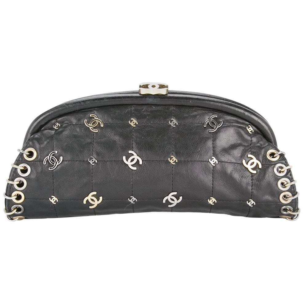 Chanel Leather Mixed Metal Gold Silver Charm Kisslock Evening Clutch Bag