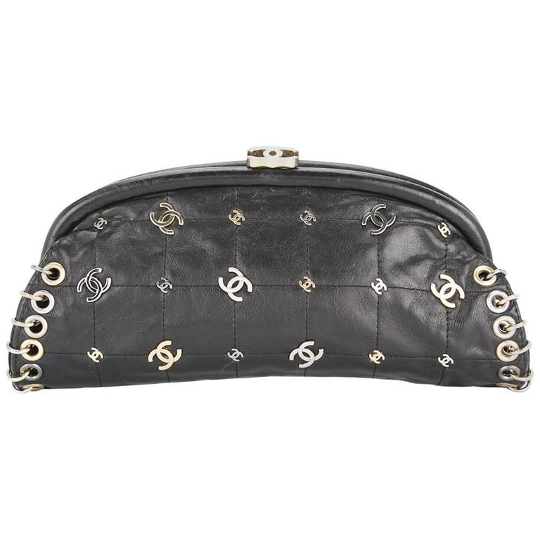 Chanel Leather Mixed Metal Gold Silver Charm Kisslock Evening Clutch