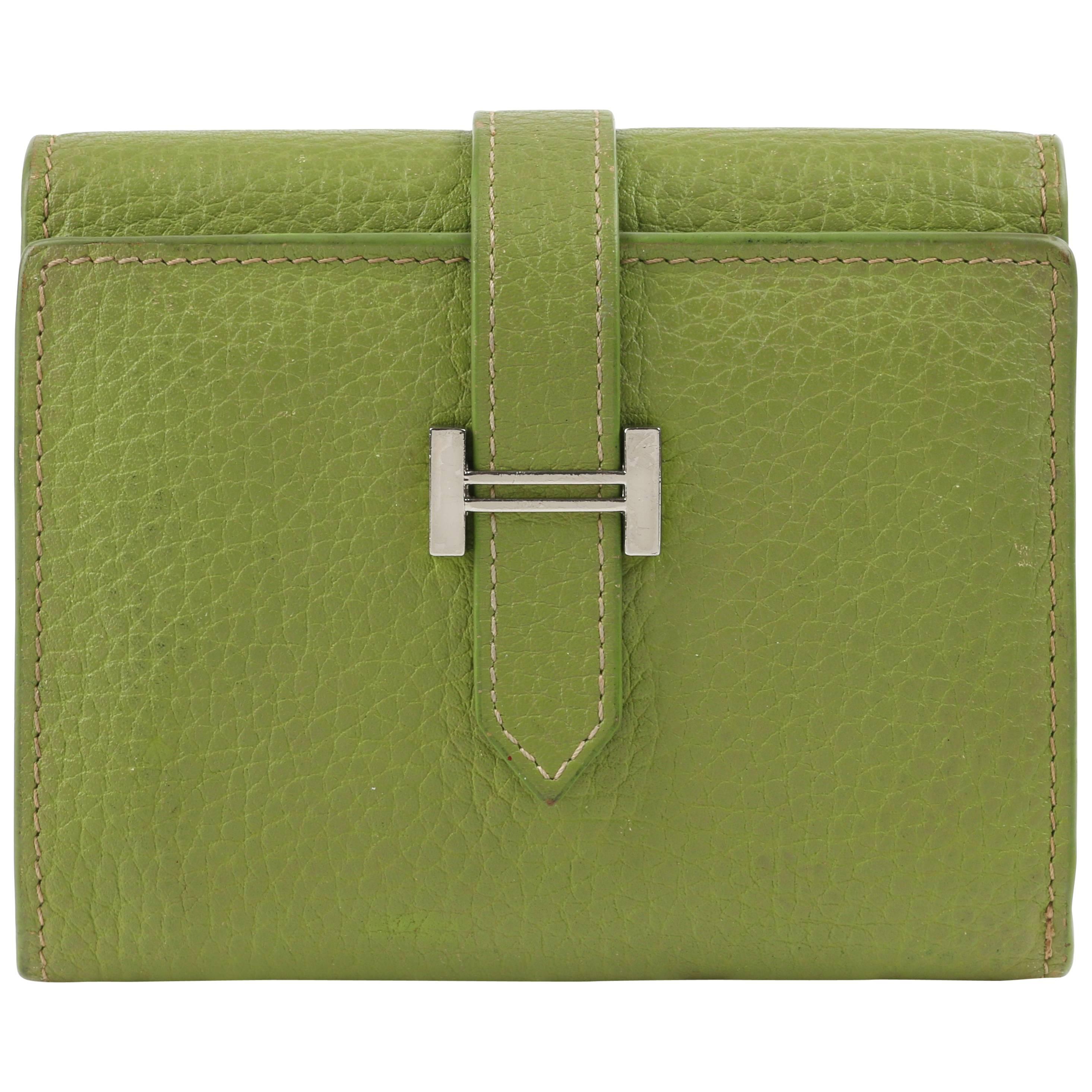 HERMES Lime Green Pebbled Leather "H" Logo Closure Tri-fold Wallet