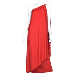 Halston IV 1970s Orange Red One-Shoulder Gown