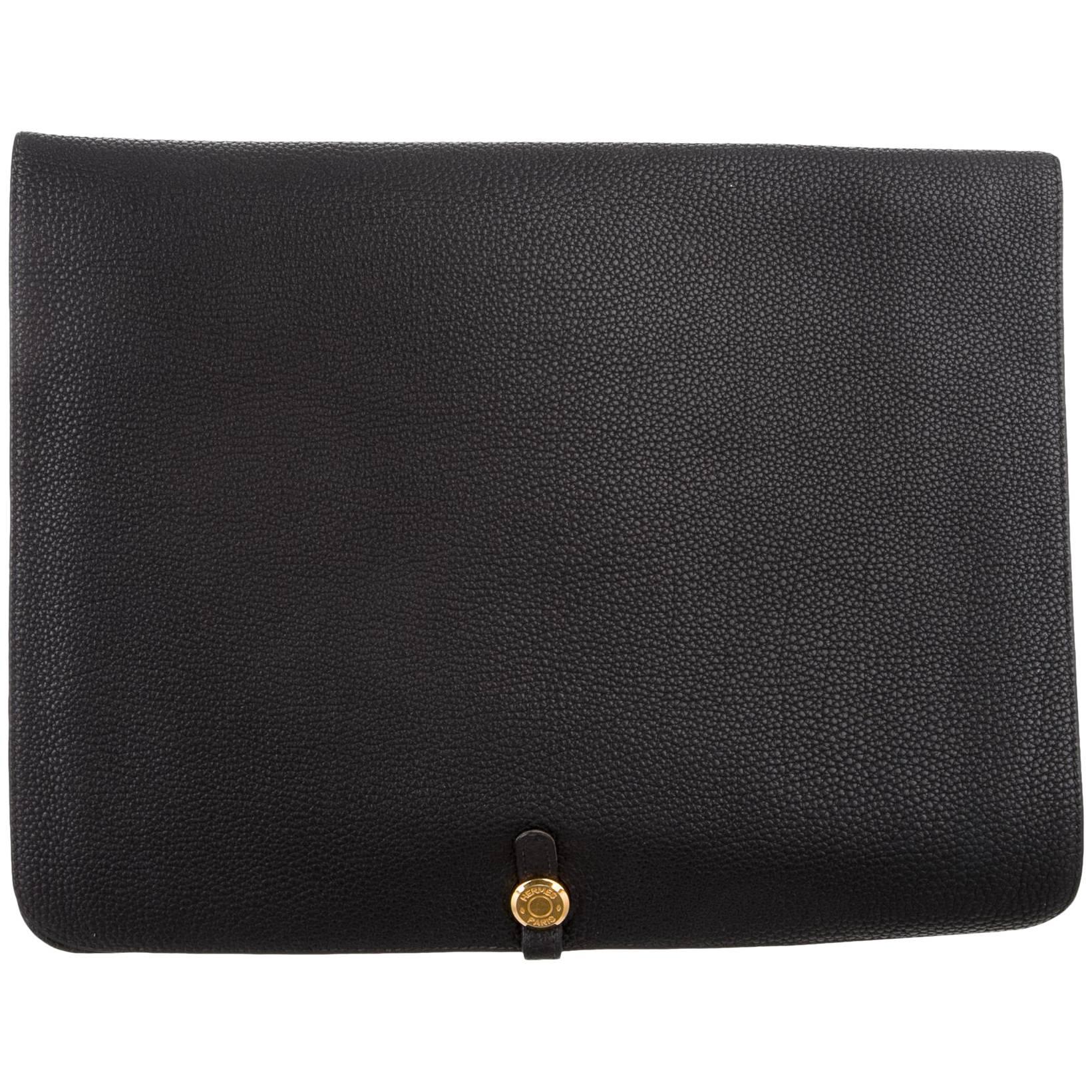  Hermes Black Leather Gold Large LapTop Business Envelope Clutch CarryAll Bag