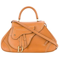 Retro Christian Dior Cognac Leather Gold Charm Top Handle Satchel Flap Shoulder Bag