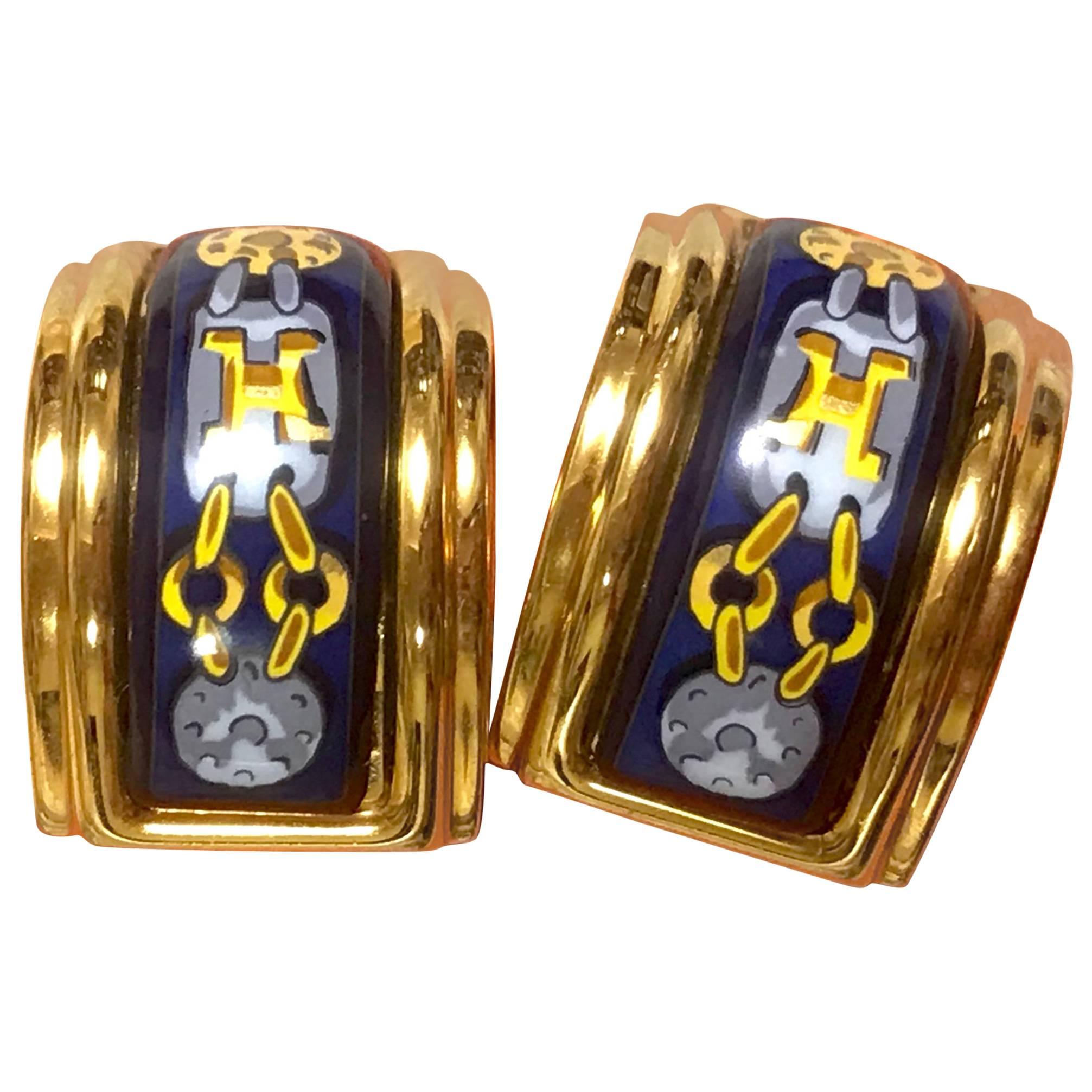 Hermes Vintage blue and yellow cloisonne and gold earrings with H logo, 1990s For Sale
