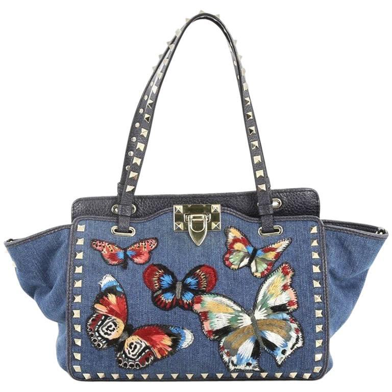 Valentino Rockstud Tote Denim with Butterfly Applique Small