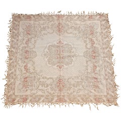 Tapis ancien en coton à franges et à motifs floraux, tapisserie française tissée, avec abat-jours pastel