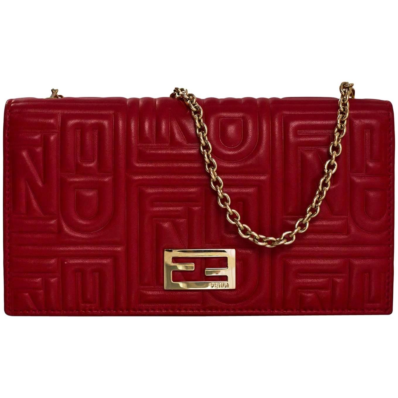 Fendi Red Leather Embossed Logo Chain Wallet WOC Bag