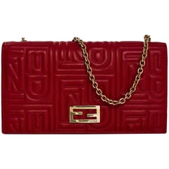 Fendi Red Leather Embossed Logo Chain Wallet WOC Bag