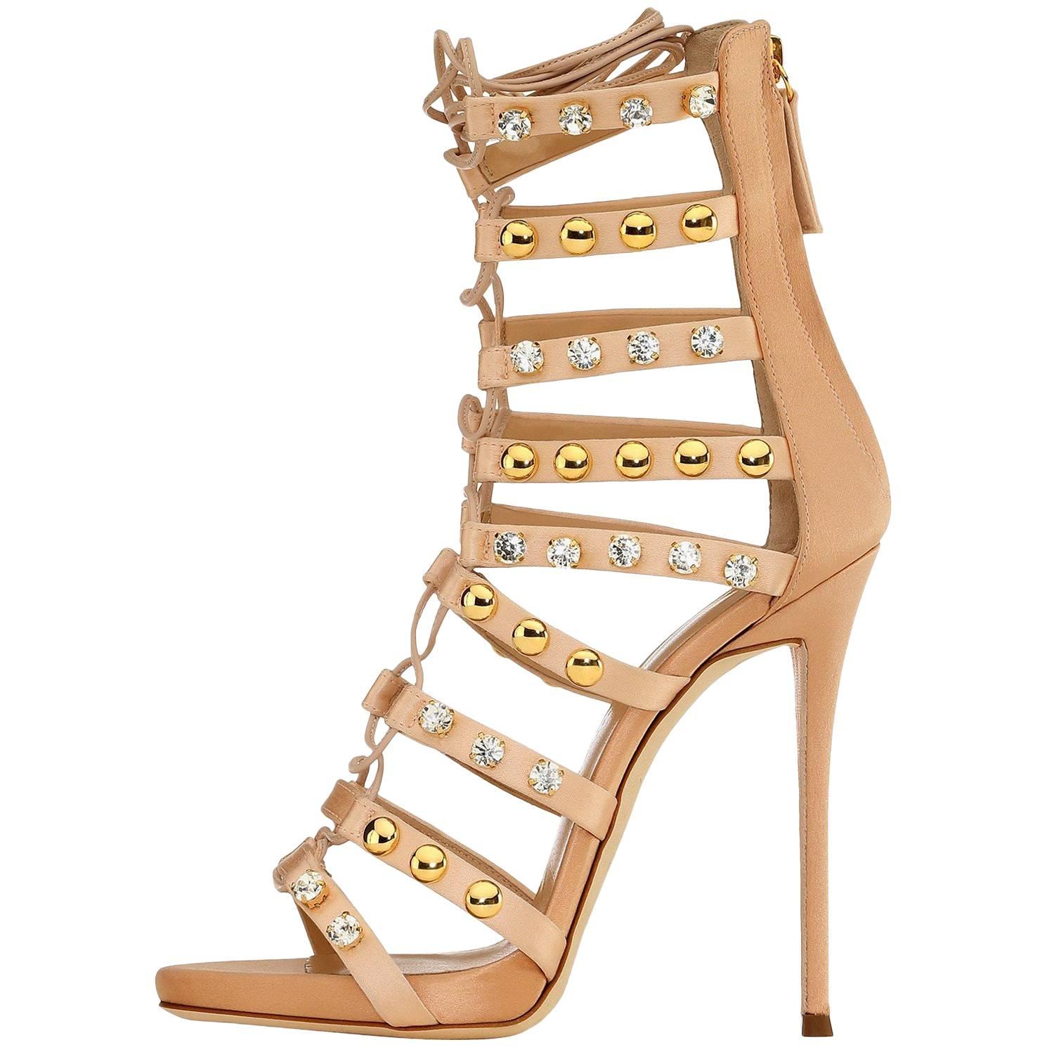 Giuseppe Zanotti New Blush Suede Gold Jewel Evening Sandals Heels in Box