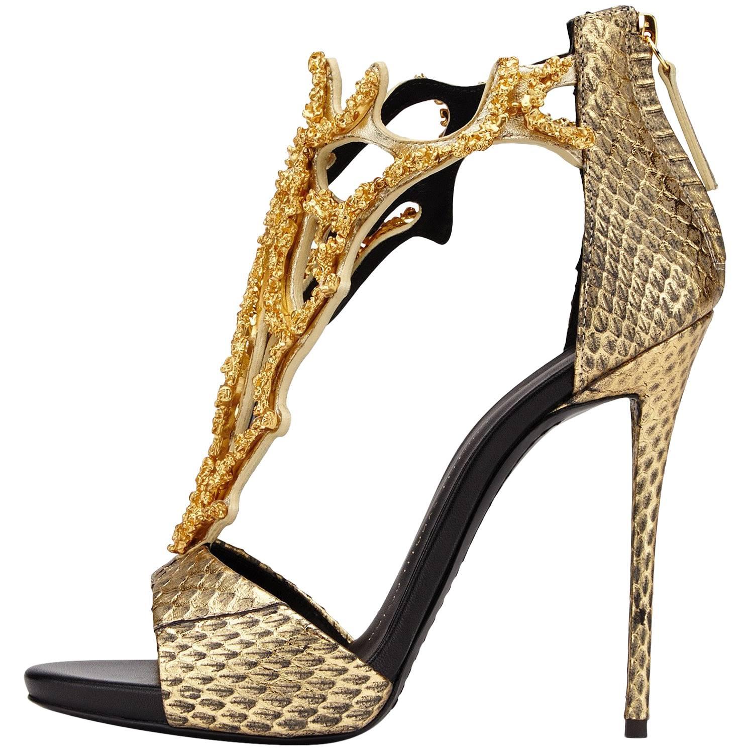 Giuseppe Zanotti New Leather Gold Coral Crystal Evening Sandals Heels 