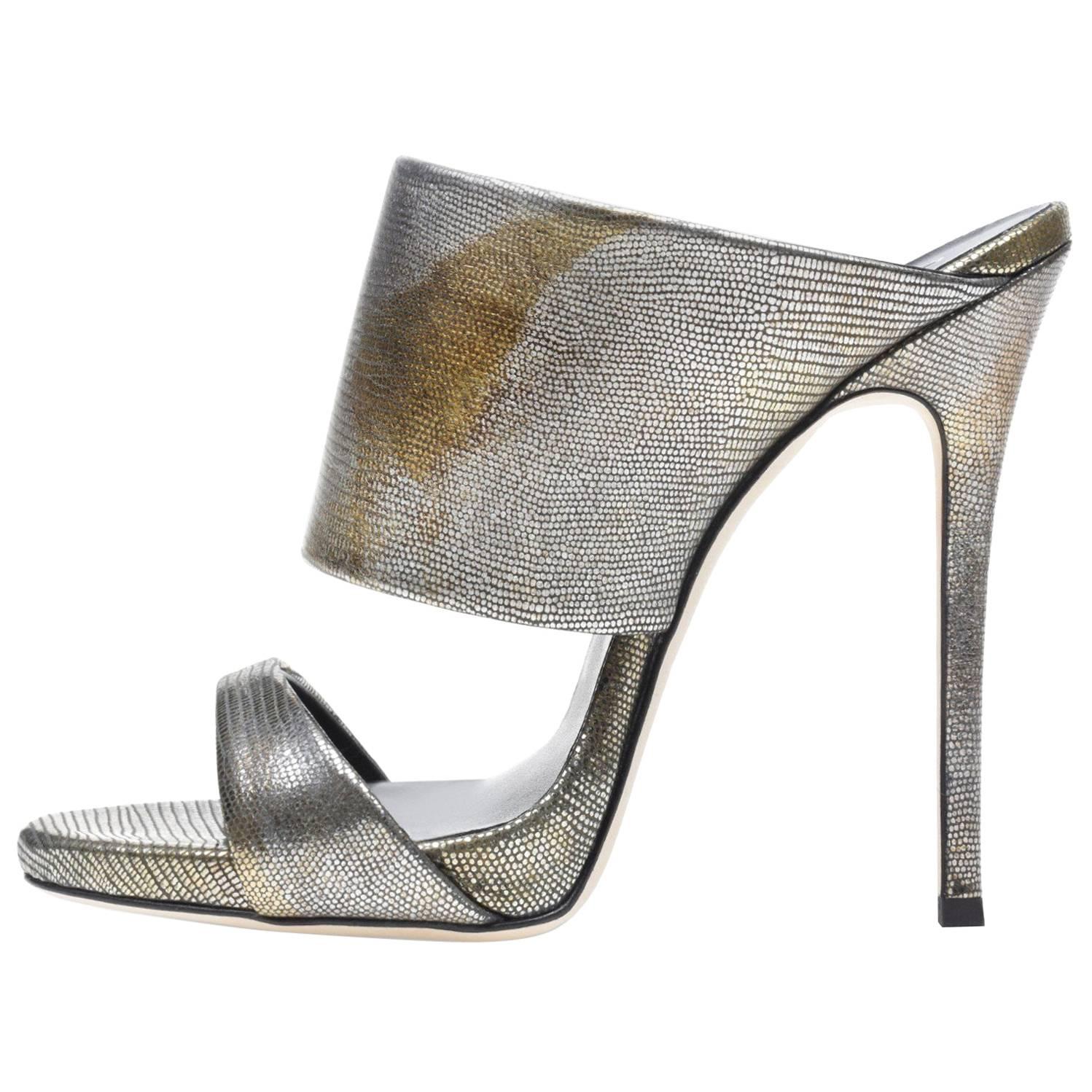 Giuseppe Zanotti New Silver Gold Leather Slide In Mules Evening Heels 