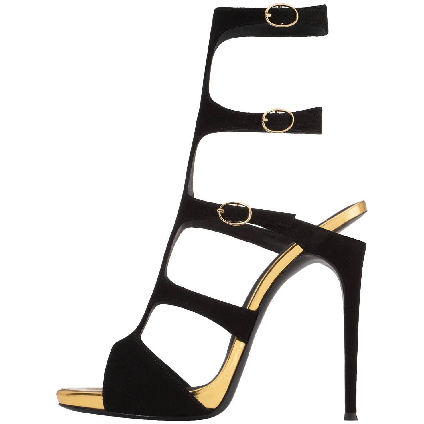 Giuseppe Zanotti New Black Suede Gold Evening Sandals Heels 