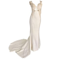 1994 Atelier Versace Ivory Silk Evening Long Dress with Christal Diadems 