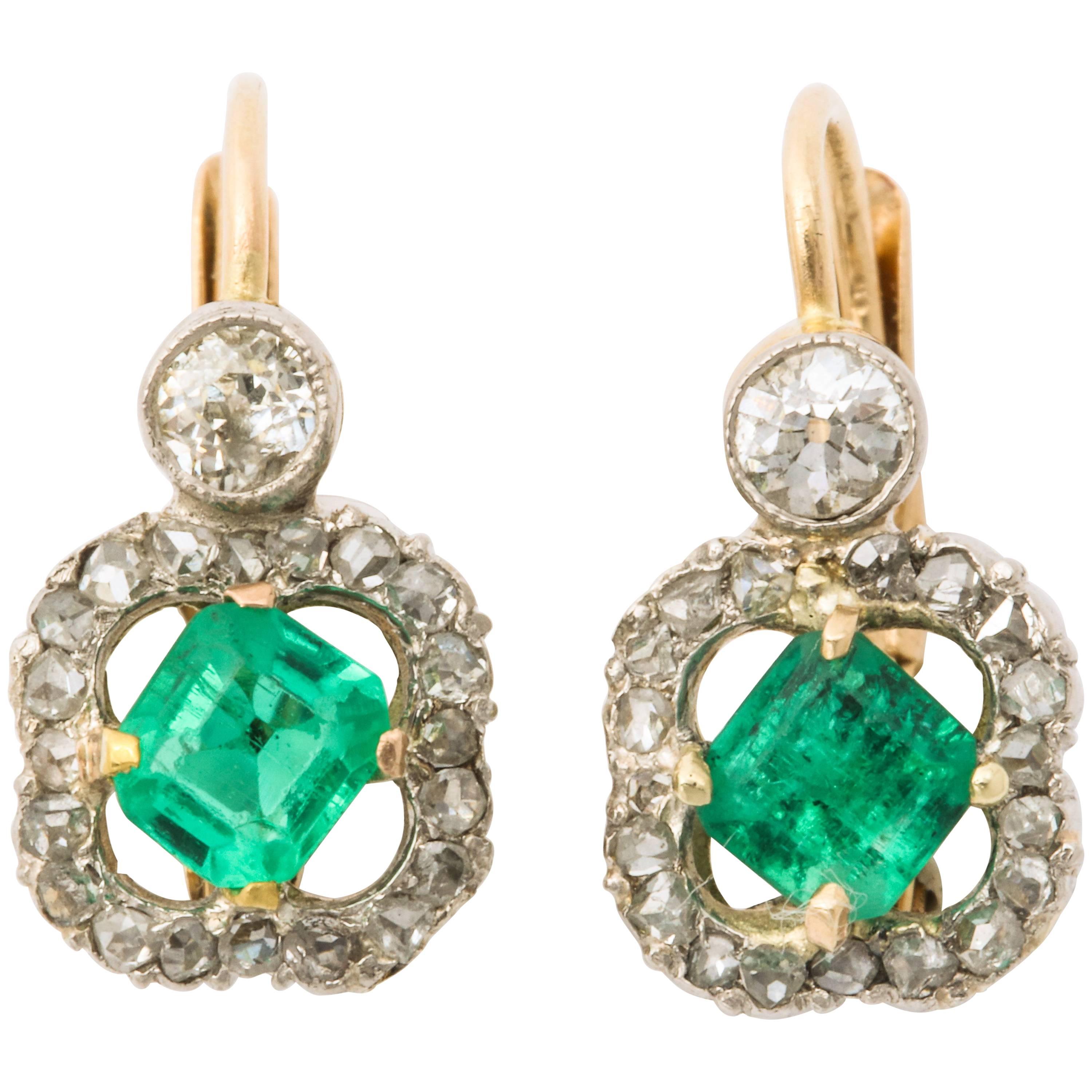 Antique Emerald and Diamond Gold Earrings